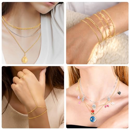 Zefy 18K Gold Silver Chain for Jewelry Making Kit, 39.6ft 12 Rolls Stainless Steel Chains Bulk with 380 Pcs Charms, Jump Rings Lobster Clasps Set for DIY Bracelet Necklace Crafts - size: Large