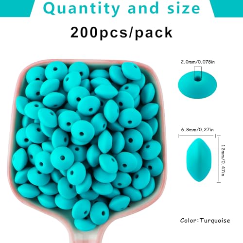 Sunrony 200Pcs Silicone Lentil Beads for Keychain Making, Bulk 12mm Silicone Abacus Spacer Beads for Necklace Bracelet Making Pens(Turquoise) - color: D-Turquoise