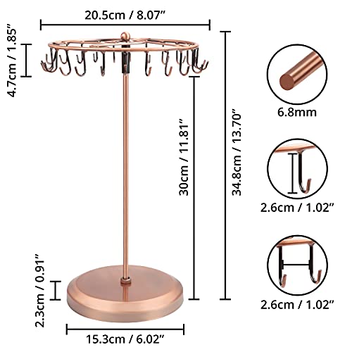 BELLE VOUS Copper Metal Rotating Jewellery Holder Display Stand (23 Hooks) - H34.8 x W20.5cm / 13.70 x 8.07 Inches - Hanging Organiser Tower Rack - Storage for Necklaces & Bracelets, Rings & Earrings