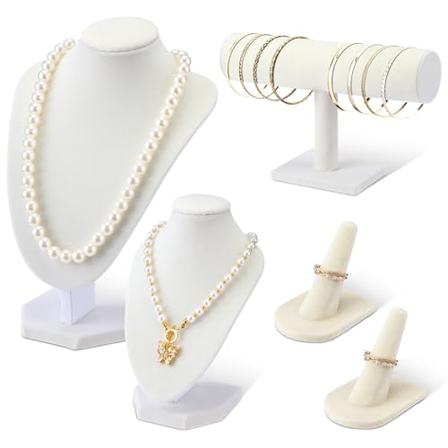 Wenqik 5 Pcs Velvet Jewelry Display Set Necklace Bust Holder T Bar Bracelet Holder Ring Display Stand Jewelry Organizer for Vendors Selling Trade Show Retail Home Decor(Beige) - color: Beige