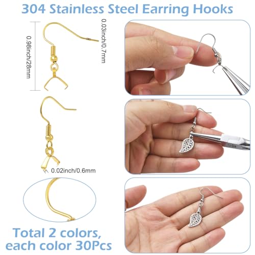 SUNNYCLUE 1 Box 60pcs Pinch Bail Earring Hooks Earring Hooks Findings 304 Stainless Steel Metal Silver Gold Fish French Ear Wires with Bails Clasp for Jewelry Making Women Christmas DIY Gifts Supply - style: Earring Hook 3