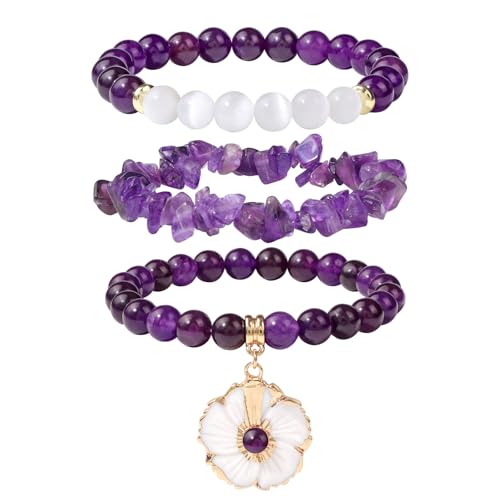 Vinswet Healing Crystal Beaded Bracelets for Women,Natural Amethyst Gemstones Bracelet,Anxiety Stress Relief Heart Charm Bracelet Handmade purple Jewelry Gifts for Women - color: Amethyst&Flower
