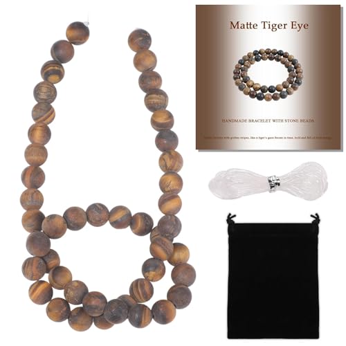 Stone Beads, 45pcs Matte Classic Tiger Eye, 8mm Round Loose Beads for Jewelry Making, Bracelets, with Bag, String & Card - color: Matte Classic Tiger Eye, size: 8mm