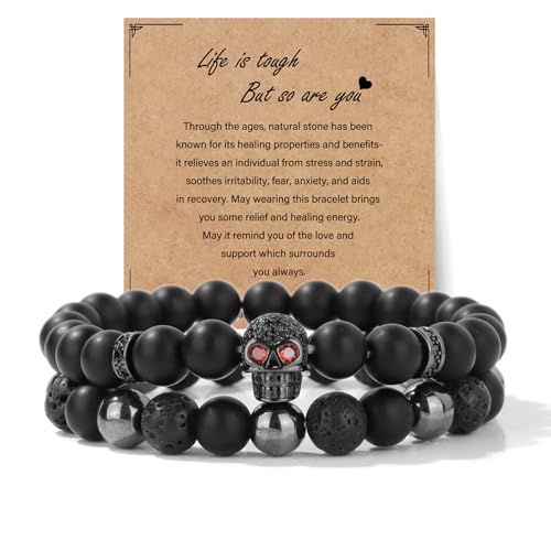 Natural Stone Bracelet 8mm Mens Black Beaded Bracelets Hematite Obsidian Onyx Lava Beads Bracelet Healing Crystal Bracelet for Men - style: Skull