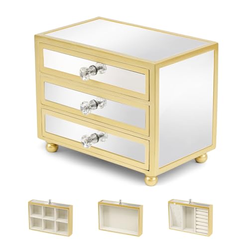 Gifturbo 3 Layer Jewelry Box,Jewelry Holder Organizer with Jewelry Organizer Drawer,Large Jewelry Boxes & Organizer with Velvet Earring Organizer,Jewelry Holder,Gifts for Mom,Gold - color: Mirror Gold