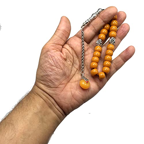 Simple Designed Natural Stone Worry Beads - Prayer Beads Tesbih-Tasbih-Tasbeeh-Misbaha-Subha-Sebha-Sibha-Rosary (Dark Orange Resin Drum -13X9 mm- 19 Big Beads) - color: Dark Orange Resin Drum -13X9 mm- 19 Big Beads