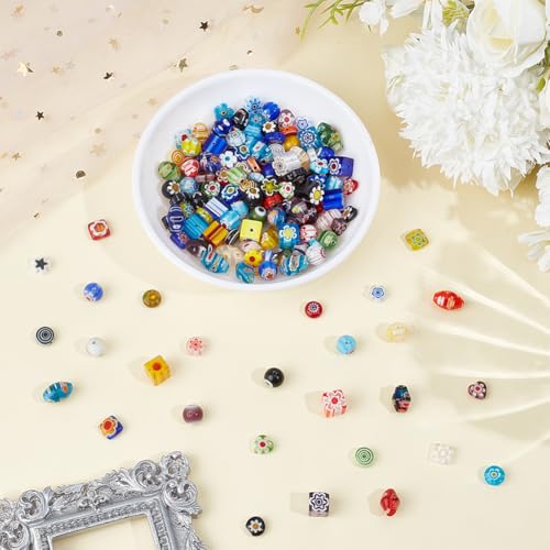 1 Box 150PCS 10 Styles 8MM Millefiori Beads Handmade Lampwork Glass Round Cube Flat Flower Heart Mosaic Flowers Loose Spacer Bead Charm Bulk for Jewelry Making Bracelets Necklace DIY Craft - size: 150pcs, style: Mixed