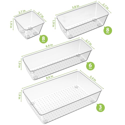 25 Piece Clear Drawer Organizer Set, 4 Sizes Bathroom Vanity Organizer Trays and Storage Bins for Makeup, Cosmetics, Jewelry, and Gadgets. Perfect for Office, Kitchen, Bedroom, Bathroom Use. - size: 25pcs-4size