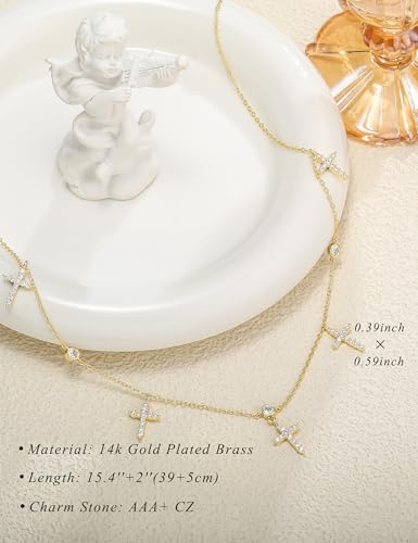 Dainty Gold Necklace for Women Trendy 14K Gold Plated Pearl Cross Clover Butterfly CZ Charm Pendant Chain Station Necklaces Waterproof Non Tarnish Layered Choker Cute Jewelry Gifts - color: G-cross