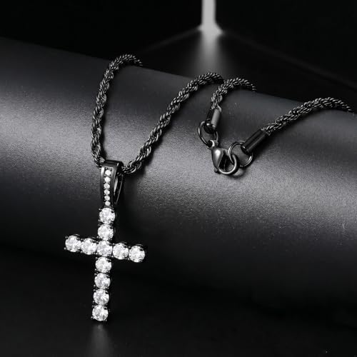 GEMOSA Cross Chain for Men 14K Gold Silver Plated Solid Iced Out 5A+ Cubic Zirconia Stainless Steel Cuban Link rope Layered Chains 16-24 Inch Large Cross Diamond Pendant Nceklace Jewelry Gifts - color: Black Gold, size: 16/18 inch