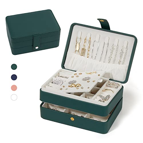 Travel Jewelry Case, Portable Jewelry Organizer Box with 3 Layers PU Leather Storage for Earrings, Necklaces, Rings, Bracelets, Compact Jewelry Gift for Women, Christmas Gifts (Green+Small) - color: PU-Green