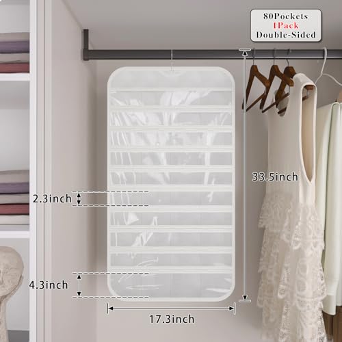 1 Pack Hanging Jewelry Organizer 80-Pocket Dual-sided Jewelry Storage for Earring Necklace Bracelet Ring Travel Holder, White - color: White