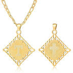 LETFLY Initial Necklaces for Women Men, 18K Gold Plated Letter Cross Pendant Necklace Alphabets A-Z Figaro Chain Jewelry Gifts - color: Rhombic, style: Letter T