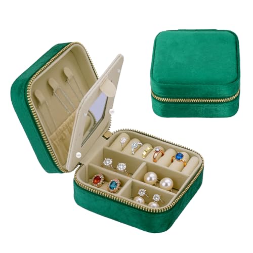 Travel Jewelry Case for Women, 3.93" × 3.93" Portable Small Velvet Jewelry Organizer Travel with Mirror, Mini Jewelry Box for Earrings, Rings, Necklaces (Dark Green) - color: 1pc Green
