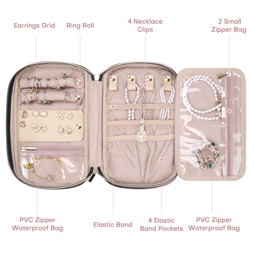 Jewelry Travel Case Organizer for Necklaces, Earrings, Rings, Bracelet, Watch, Soft Sided, Pink - color: Pink