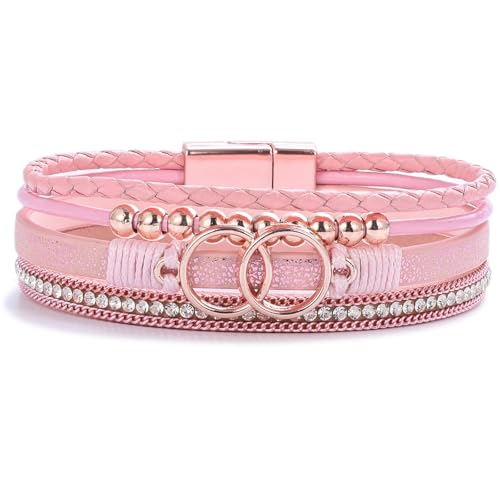 FANCY SHINY Mothers Day Gifts Boho Leather Wrap Bracelet Stackable Infinity Chunky Cuff Bracelets Western Hippie Outfits Jewelry Valentine Gifts for Women - color: Pink
