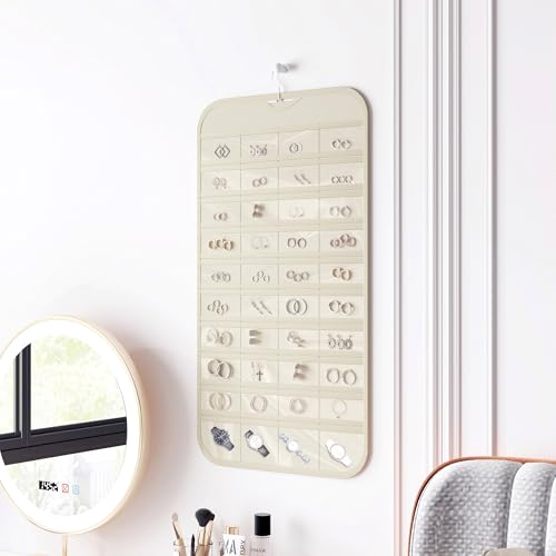 1 Pack Hanging Jewelry Organizer 80-Pocket Dual-sided Jewelry Storage for Earring Necklace Bracelet Ring Travel Holder, Beige - color: Beige