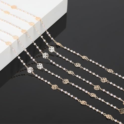 KYUNHOO 16.4 Feet 3MM Faux Pearl Bead Chain for Jewelry Making Rose Flower Link Brass Cable Chains Bulk with Clasps for Handcraft DIY Finding Supplies - color: Flower Pearl