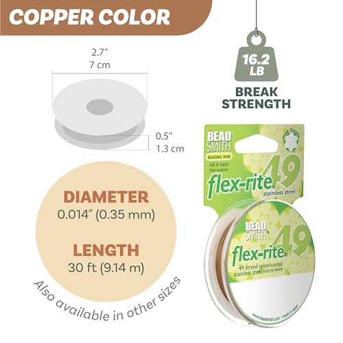 The Beadsmith Flex-Rite Beading Wire - 49-Strand Nylon-Coated Stainless-Steel Wire, 0.014" (0.35 mm) Dia, Copper, 30 ft Spool, Durable Necklace & Bracelet String, for Jewelry Making Supplies - color: Copper, size: .014” Dia - 30 ft