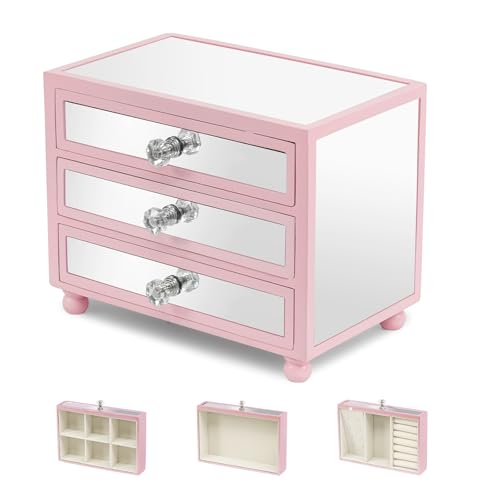 Gifturbo Pink Jewelry Box for Women Girl Wife 3 Layers Large Mirror Glass Jewelry Organizer Storage Case with Three Drawers Display for Earrings Bracelets Rings Watches - color: Mirror Pink