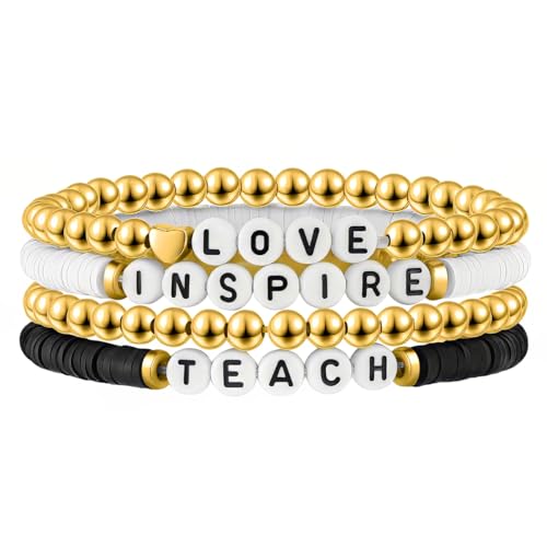 Emibele Colorful Stretch Bracelet Stack Boho Beaded Bracelet Set Heishi Surfer Bracelet Stackable Y2K Trendy Jewelry Friendship Multiple Set Women Fans - style: Black&White 4PCS-Teacher