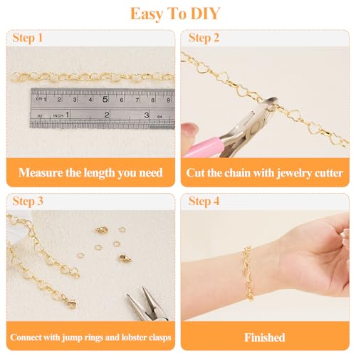 YOUBEIYEE 16.4 Feet Heart Chain 18K Gold Plated Stainless Steel Chains Bulk for Jewelry Making - color: Heart Gold