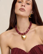Gold Heart Pendant Necklaces for Women Colorful Acrylic Resin Beaded Choker Necklace Fashion Chunky Statement Beaded Heart Necklace - color: Red