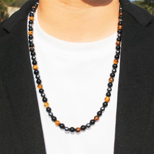 Natural Stone Beaded Necklace 8mm Tiger Eye Black Obsidian and Hematite Buddha bead lucky necklace 26 Inches, Black and Brown Men and women necklaces fift - color: Tiger eye stone, black gallstones, and hematite