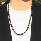 Natural Stone Beaded Necklace 8mm Tiger Eye Black Obsidian and Hematite Buddha bead lucky necklace 26 Inches, Black and Brown Men and women necklaces fift - color: Tiger eye stone, black gallstones, and hematite