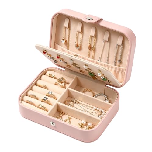YOJO Travel Jewelry Organizer Case, Portable PU Leather Jewelry Box for Rings, Earrings, Necklaces, Bracelets, Double Layer Jewelry Storage Holder for Women Girls, Travel Accessories for Women (Pink) - color: Pink