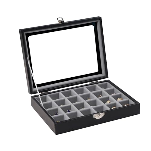 Wudygirl Small Jewelry Organizer Ring Box Velvet Jewelry Box Earring Organizer with Clear Lid Jewelry Tray for Women Girls Jewelry Display Case Drawer Inserts 24 Grid (Gray) - style: Black Gray 24 Grid