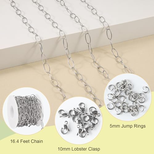 SMYHTGLIF 5 Meters Silver Stainless Steel Chain for Jewelry Making Round Wire Paperclip Chain Bulk Oval Link Jewelry Findings - color: Ellipse Silver