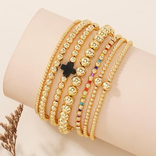 14K Gold Beaded Cross Beaded Bracelet Stack Set for Women,7PCS Bohemian Colorful Beads Ball Stretch Stackable Bracelets Trendy Holiday Birthday Gift - color: Black