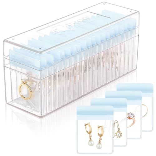 HOMEHIVE Acrylic Jewelry Box Organizer, Clear Jewelry Organizer Holder with 20 Portable Anti Tarnish Jewelry bags, Travel Jewelry Case for Earrings/Rings/Necklaces for Women Girls, Blue - color: Blue