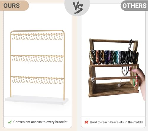 Mkono Bracelet Holder Metal Jewelry Organizer Display Stand Modern Necklace Holder with 60 Hooks Storage Rack for Hanging Bangle and Earrings Bedroom Dressing Table Decor Gifts for Women,Gold