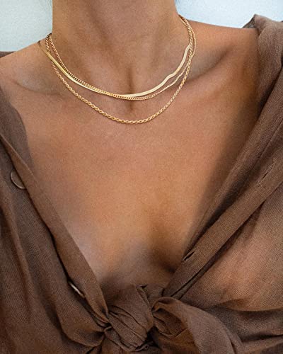 Freekiss Women's Layered Necklace Set - 3 Piece Dainty Gold Jewelry for Everyday Stacking | 14K Gold Plated Snake Chain, Rope Chain, Cuban Chain | Adjustable Length 14-18.5 Inch | Gift Ready - color: Gold, style: 3Snake+Rope+Cuban