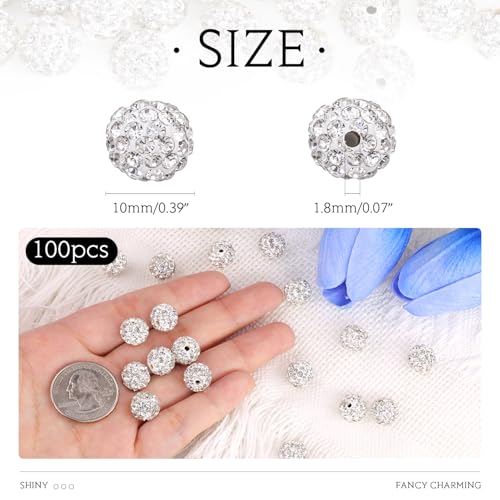 100 Pcs White Rhinestone Beads for Jewelry Making, Sparkle Crystal Clay Christmas for Bracelet Baseball Necklace Earring Crafting and DIY, Shiny Round Shamballa Disco Ball Beads Bulk - color: White, size: 100 pcs
