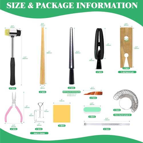 Yauhar 14Pcs Jewelry Making Tool Set Contains Flat Nose Jewelry Pliers, V-Slot Bench Pin Clamp, Wood Ring Mandrel Shaper, Rings Size Measuring Tools, Mallet Hammer, Steel Ring Sizing Gauge Sizers