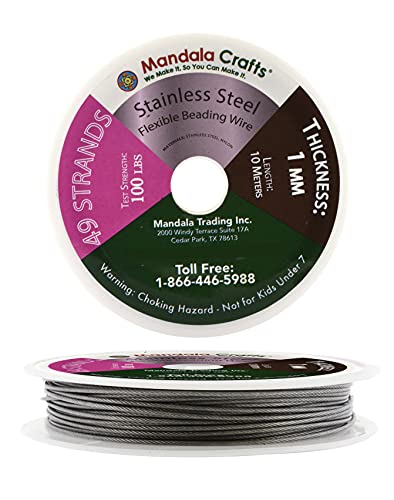Mandala Crafts 49 Strand Beading Wire for Jewelry Making - 32 FT 18 Gauge Stainless Steel Braided Tiger Tail Wire for Bead Stringing - size: 49 Strands 18 Gauge 1MM 32FT