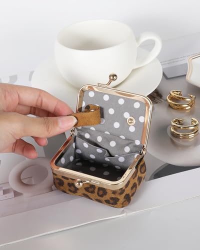 COOLYOUTH Leather Mini Jewelry Box Travel Jewelry Case Portable Small Coin Purse with Kiss Lock Travel Ring Box (Brown Leopard) - color: Medium-Brown Leopard
