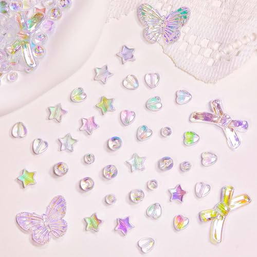 Juexica 500 Pcs ABS Imitation Pearl Beads Star Heart Bowknot Circle Flower White Aesthetic Beads for Jewelry Making Bracelets Necklaces Earrings Key Chains Accessories DIY Crafts(Bright Style) - color: Bright Style