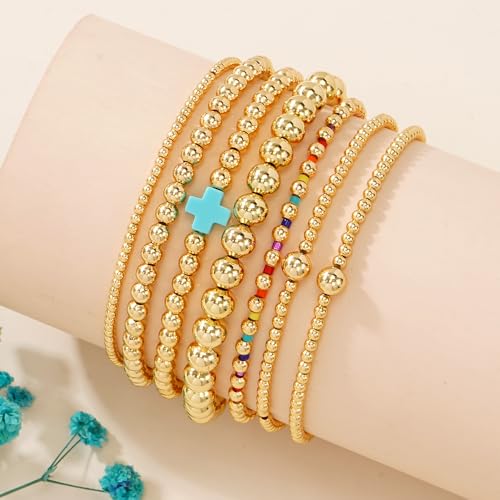 14K Gold Beaded Cross Beaded Bracelet Stack Set for Women,7PCS Bohemian Colorful Beads Ball Stretch Stackable Bracelets Trendy Holiday Birthday Gift - color: Blue