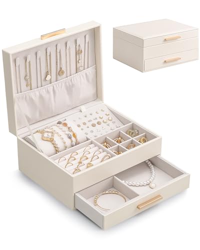 Lolalet 2-Layer Jewelry Box Organizer for Women Girls, Jewelry Storage Case Holder with Drawers for Necklaces Ring Earrings Bracelet Watch, Gifts Choice for Mom Mother’s Day -Beige - color: Beige