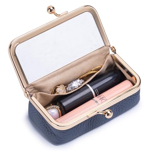 Genuine Leather Travel Jewelry Box, Mini Jewelry Organizer Case with Mirror for Women, Small Lipstick Bag for Purse, Cute Portable Gift for Her women giril (Blue, Mirror) - color: Blue, size: A