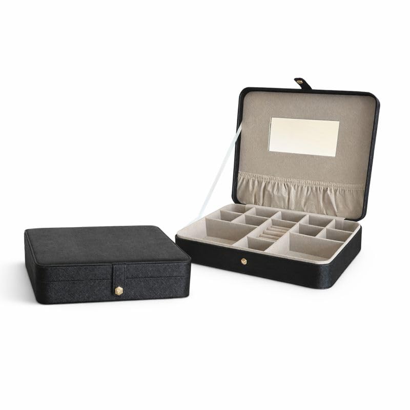 Hives & Honey Opal Jewelry Travel Case with Mirror – Anti-Tarnish Felt Lining, Ring Rolls, Divided Compartments, Elastic Lid Pocket, Secure Snap Closure, Portable Jewelry Organizer for Travel - color: Black