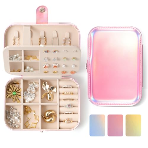 LAMU Travel Jewelry Box, Portable Jewelry Organizers and Stroage, Glowing Rainbow Small Jewelry Case for Earrings Rings Necklaces, Travel Jewelry Case for Women as Wedding, Valentines Day Gifts, Pink - color: Pink