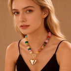 GZQ Chunky Gold Heart Necklace for Women, Resin Beaded Chain with Puff Heart Adjustable Clasp, Perfect for Daily Wear Party Date Streetwear Outfits Fashion Jewelry Gift - color: Colorful