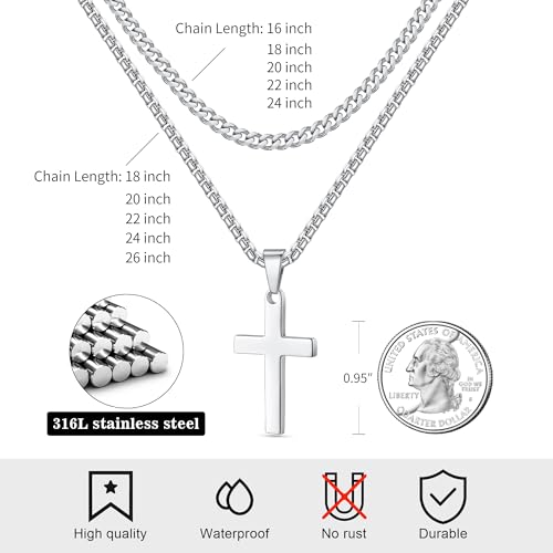 LUXEJEW Cross Necklace for Men Boys - Gold Silver Black Stainless Steel Cross Pendant Necklaces Layered Cuban Link Chain Necklace Jewelry Gifts 16 18 20 22 24 Inches - color: Silver, size: 22in/24in, style: Style A-Small Pendant