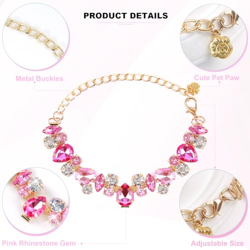 HOWWFALY Dog Collar and Cat Collar Gold Chain Necklace Stainless Steel Adjustable Pink Diamonds Collar with Cute Pet Paw for Small Medium Pets Cats Dogs Kitten Puppy(Pink, M) - color: Pink, size: Medium