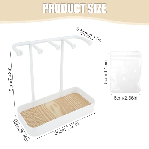 WCHOSOZH Jewelry Organizer Stand, Necklace Holder with Wooden Tray 5 Storage Hooks, Earring Holder with 5 Pcs Jewelry Bags for Bracelet,Chains,Rings,Earrings,Keys Watches,Necklaces (White) - color: White